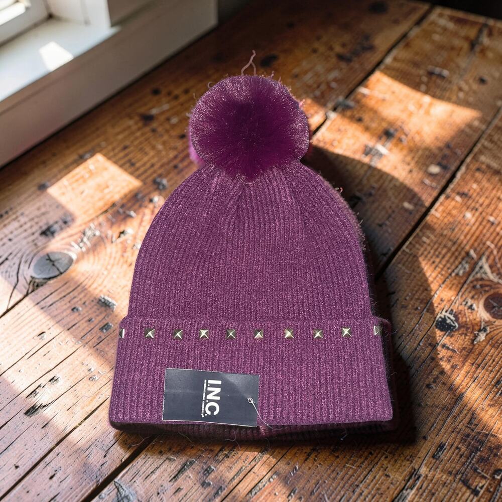 INC International Concepts Beanie Hat Plum Purple Rhinestone Crystal Pom Gift